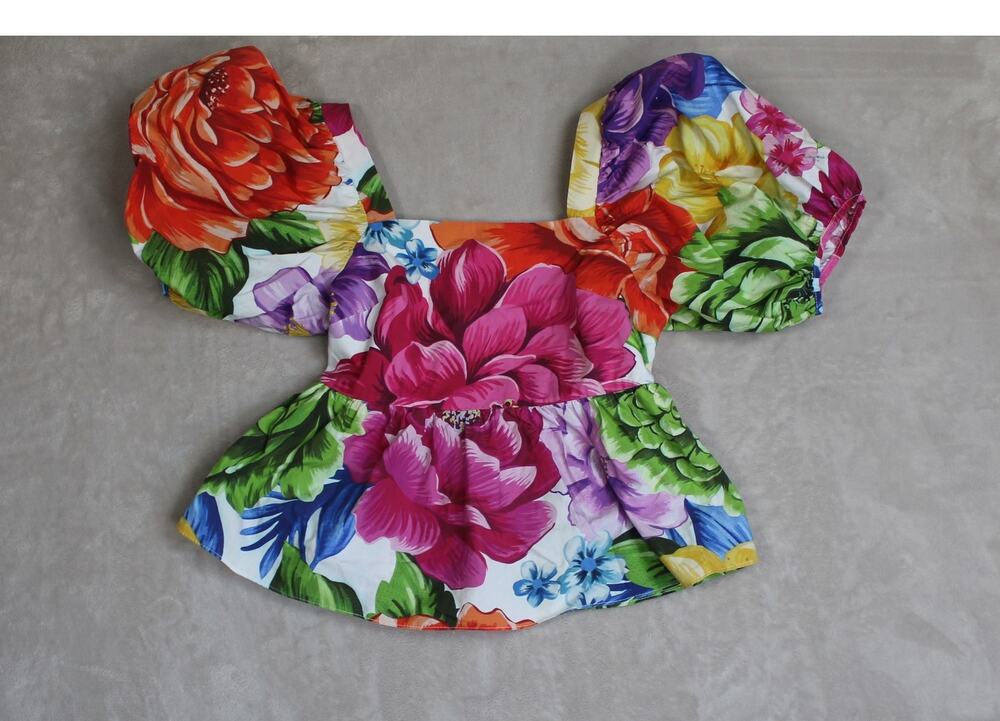 FARM Rio Top Womens XS Floral Puff Sleeve Peplum Square Neck Smocked Boho Resort